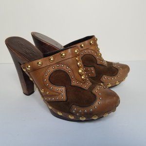 Miu Miu Suede Camel Fur Brown Wooden Sole Shoes Size 36